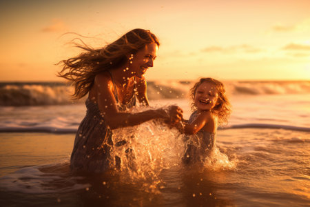 This beautiful and atmospheric photograph captures a heartwarming moment between a mother and her daughter as they playfully splash in the sea. Generative AIの素材