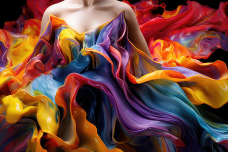 Beautiful woman with elegant dress melting in Multi-colored paint. Generative AIの素材