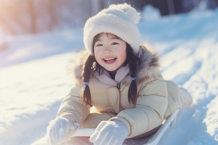 A joyful girl riding a sled down a frosty hillside, surrounded by a winter wonderland. The blue sky and snowy landscape create a playful and fun-filled atmosphere for a delightful sledding adventure. Generative AIの素材