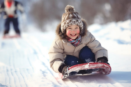 A joyful girl riding a sled down a frosty hillside, surrounded by a winter wonderland. The blue sky and snowy landscape create a playful and fun-filled atmosphere for a delightful sledding adventure. Generative AIの素材