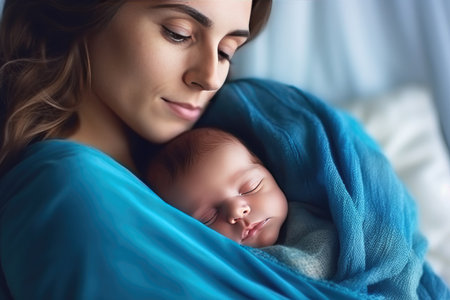 Close up of beautiful young woman holding adorable baby wrapped in blue blanket. Cute child sleeping in mother arms. light home background. concept of motherhood. Generative AIの素材