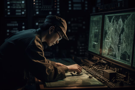 Radar technician working on a complex array of electronic components, with a glowing display screen showing the results of radar sweeps. Generative AIの素材