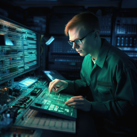 Radar technician working on a complex array of electronic components, with a glowing display screen showing the results of radar sweeps. Generative AIの素材