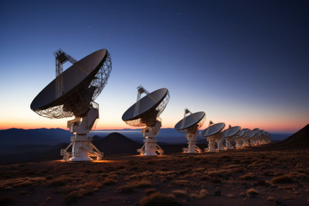 A photograph of a radio telescope array on a remote mountaintop, with multiple dishes pointing towards the sky and capturing data from distant celestial objects. Generative AIの素材