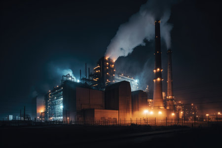 Coal-fired power plant at night, with its bright lights and glowing smokestacks creating an eerie, almost otherworldly glow. The plant appears both beautiful and ominous, with its massive size and raw power on full display. Generative AIの素材