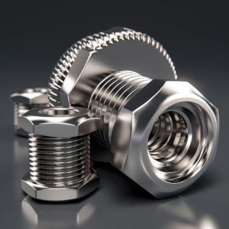 Collection of metal hardware and tools, including steel nuts, bolts, and screws. The metallic objects are set against a white background, creating a striking contrast that draws attention to the intricate shapes and details of each piece. Generative AIの素材