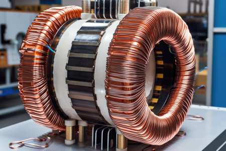 Intricate and precise design of an industrial transformer production table. The round, toroidal inductors are meticulously wrapped in copper wire, creating a visually stunning background. Generative AIの素材