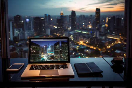 Excitement and energy of making money online. High-tech desk surrounded by screens and gadgets, with the city skyline visible in the background. The image conveys the idea of limitless possibilities and the potential for financial freedom through digital entrepreneurship. Generative AIの素材