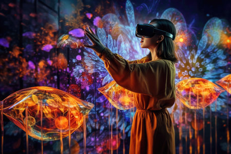 A stunning photo showcasing the immersive and captivating world of virtual and augmented reality. The photo features a person wearing a VR headset or interacting with AR elements in a digitally enhanced environment. Generative AIの素材