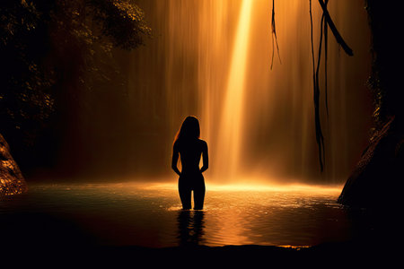 Set against the backdrop of a waterfall bathed in the soft glow of moonlight, the silhouette of a bathing woman adds an element of beauty and mystique to the scene. Generative AIの素材
