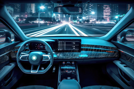 Advancements in autonomous technology as the self-driving car gracefully navigates the road, creating a sense of innovation and a glimpse into the future of transportation. Generative AIの素材