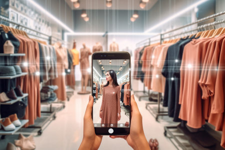 Atmospheric moment that illustrates the magic of online shopping. It showcases objects emerging from a smartphone screen and transforming into tangible items within the room. Generative AIの素材