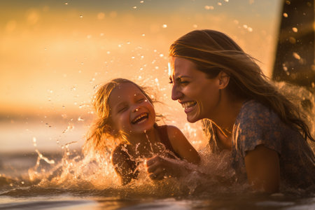 This beautiful and atmospheric photograph captures a heartwarming moment between a mother and her daughter as they playfully splash in the sea. Generative AIの素材