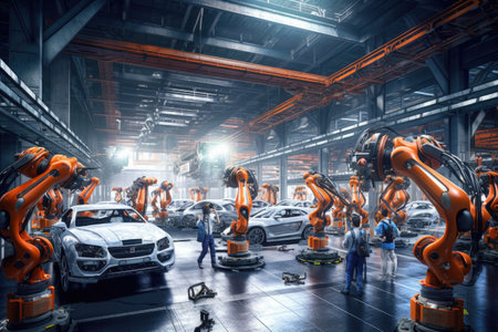 A stunning photograph capturing the latest advancements in autonomous technology and robotics. The image features a futuristic landscape with state-of-the-art robots and machines performing complex tasks autonomously. Generative AIの素材