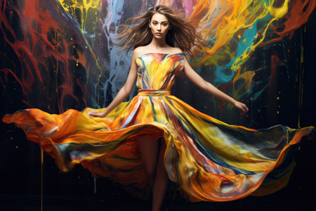 Beautiful woman with elegant dress melting in Multi-colored paint. Generative AIの素材