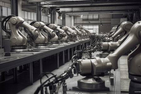 A stunning photo capture captures a group of humanoid robots working together in a factory. The robots move with impressive precision, and their sleek design adds a touch of futuristic sophistication to the scene. Generative AIの素材