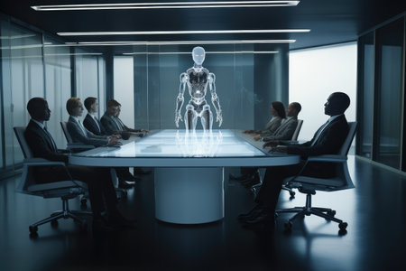 realistic photo of featuring a diverse group of business executives seated at a sleek, with a humanoid robot standing at the head of the table. The robot appears to be leading the meeting. Generative AIの素材