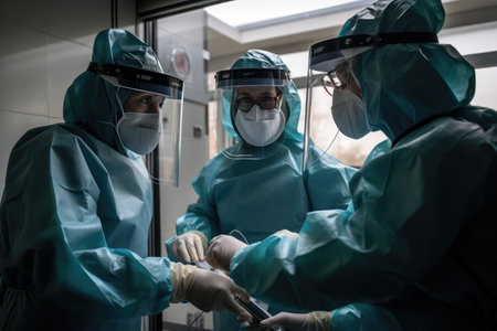 A photograph of a scientific team in personal protective equipment caring for a unidentified object. The team can be seen through a window, and their dedication and commitment to fighting the pandemic are evident. Generative AIの素材