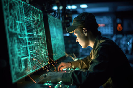Radar technician working on a complex array of electronic components, with a glowing display screen showing the results of radar sweeps. Generative AIの素材