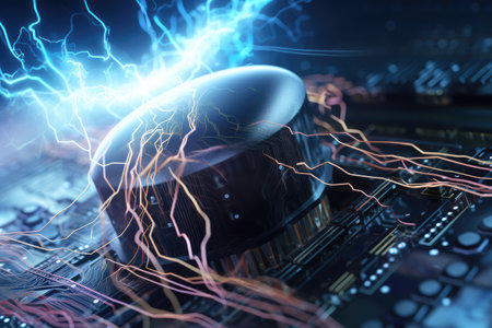 Fantastic sparkling devisce in an industrial background. The image captures the intersection of technology and craftsmanship in modern industry, highlighting the complex workings of the machinery that powers our world. Generative AIの素材