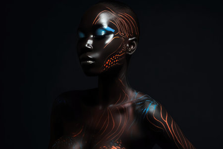Portrait of a beautiful African woman with unusual body art with black skin and colored eyes and lips on a dark background. The concept of hidden feelings and desires. advertising poster. Generative AIの素材