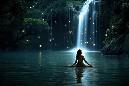 Set against the backdrop of a waterfall bathed in the soft glow of moonlight, the silhouette of a bathing woman adds an element of beauty and mystique to the scene. Generative AIの素材