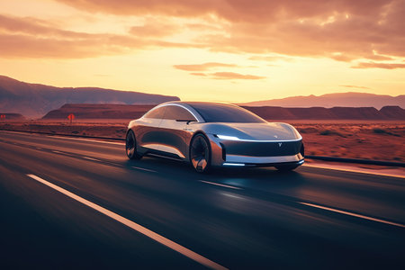 Advancements in autonomous technology as the self-driving car gracefully navigates the road, creating a sense of innovation and a glimpse into the future of transportation. Generative AIの素材