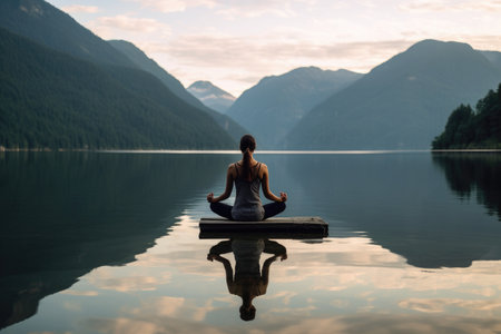 Graceful young woman is engaged in a yoga practice on the tranquil water surface of a evening breathtaking Alpine lake. Generative AIの素材