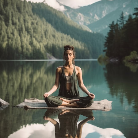 Graceful young woman is engaged in a yoga practice on the tranquil water surface of a evening breathtaking Alpine lake. Generative AIの素材