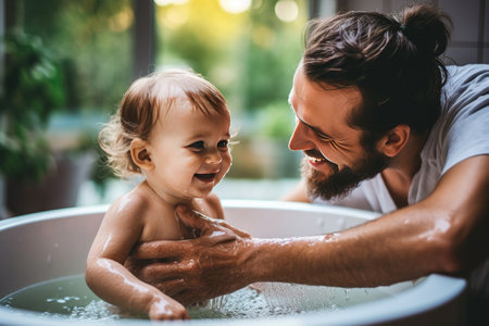 A touching scene unfolds as a father gently washes his adorable infants, boys and girls, in a warm bath, ensuring their cleanliness, hygiene, and happiness. Their wet faces beam with joy and love, creating a beautiful family moment. Generative AIの素材