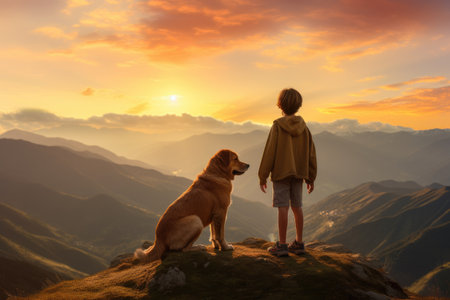 Beautiful moment shared by a family, their child, and their beloved dog as they stand on the peak of a mountain in the Alps. The breathtaking view stretches out before them, with rolling mountain ranges, lush valleys, and a colorful sky painted with hues of orange and pink. Generative AIの素材