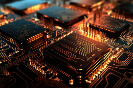 futuristic world of digital technology with its focus on the internal workings of a computer's central processing unit (CPU). The close-up view of the circuit board and microchip highlights the complexity and sophistication of modern hardware. Generative AIの素材