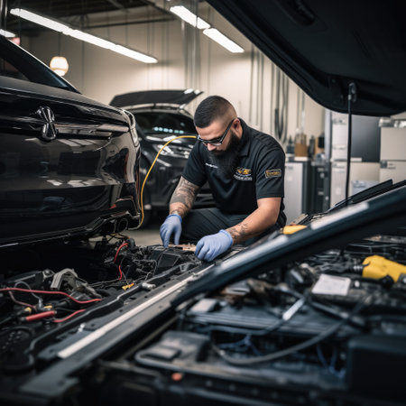 Car Service Manager or Mechanic is Running an Interactive Diagnostics Software on an Advanced Computer. Generative AIの素材