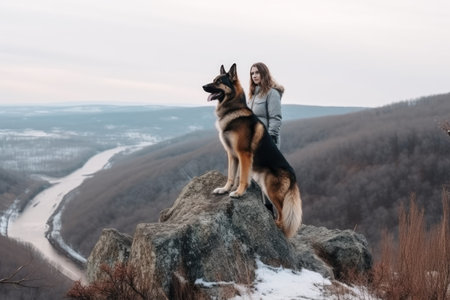 A sporty girl with a backpack stands on the edge of a mountain with a big dog. Generative AIの素材