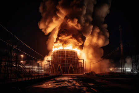 View of Big explosion and fire on power plant at night, with its bright lights and glowing smokestacks creating an eerie, almost otherworldly glow. Generative AIの素材