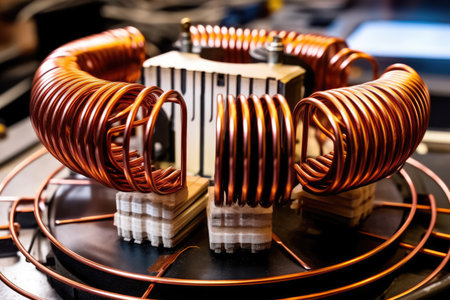 Intricate and precise design of an industrial transformer production table. The round, toroidal inductors are meticulously wrapped in copper wire, creating a visually stunning background. Generative AIの素材