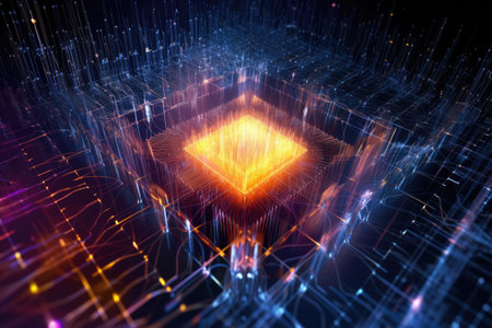 World of quantum computing and quantum technology, with its abstract and complex nature depicted through striking visuals of light and color. Generative AIの素材