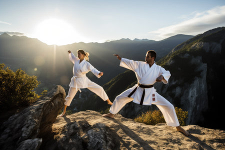 A strong couple practicing martial arts on the top of a mountain at sunset. The woman showcases her taekwondo technique with a powerful kick, embodying the beauty of martial arts in nature's embrace. Generative AIの素材