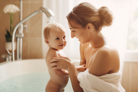 A touching scene unfolds as a mother gently washes his adorable infants, boys and girls, in a warm bath, ensuring their cleanliness, hygiene, and happiness. Their wet faces beam with joy and love, creating a beautiful family moment. Generative AIの素材
