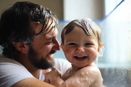 A touching scene unfolds as a father gently washes his adorable infants, boys and girls, in a warm bath, ensuring their cleanliness, hygiene, and happiness. Their wet faces beam with joy and love, creating a beautiful family moment. Generative AIの素材