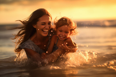 This beautiful and atmospheric photograph captures a heartwarming moment between a mother and her daughter as they playfully splash in the sea. Generative AIの素材