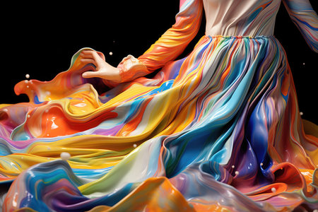 Beautiful woman with elegant dress melting in Multi-colored paint. Generative AIの素材