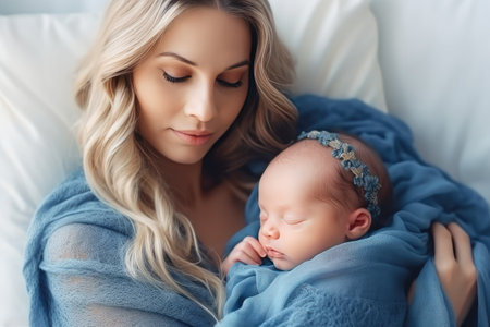 Close up of beautiful young woman holding adorable baby wrapped in blue blanket. Cute child sleeping in mother arms. light home background. concept of motherhood. Generative AIの素材