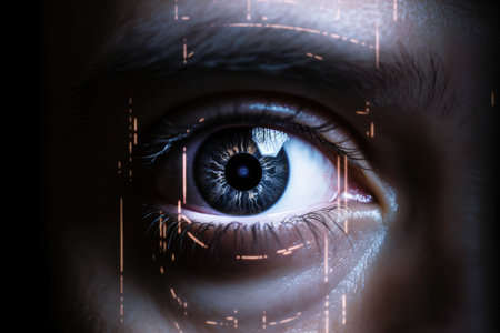 A beautiful close-up of a person's eye fills the frame in this photo, with a computer-generated overlay of digital information and graphics reflecting in the pupil. Generative AIの素材