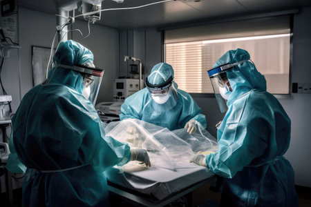 A photograph of a scientific team in personal protective equipment caring for a unidentified object. The team can be seen through a window, and their dedication and commitment to fighting the pandemic are evident. Generative AIの素材
