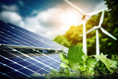 This photograph represents the development of alternative energy sources and energy efficiency. It captures the idea of a sustainable and eco-friendly future, where renewable energy sources are widely used and prioritized for their positive impact on the environment. Generative AIの素材