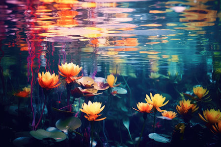 This photograph features a fantastic background of water with vibrant colors and surreal elements that create a dreamlike atmosphere. Generative AIの素材