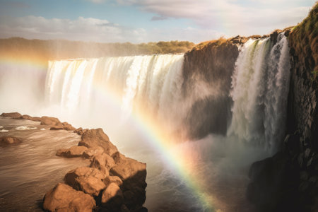 Immerse yourself in the captivating beauty of nature with this stunning photograph capturing the majestic combination of a waterfall and a vibrant rainbow. The powerful rush of water cascades down with sheer force, creating a mesmerizing display of motion and energy. Generative AIの素材