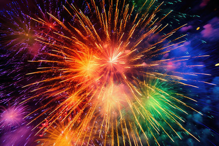 The night sky is transformed into a canvas of explosive beauty as vibrant bursts of fireworks create a symphony of shimmering hues. Generative AIの素材