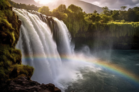 Immerse yourself in the captivating beauty of nature with this stunning photograph capturing the majestic combination of a waterfall and a vibrant rainbow. The powerful rush of water cascades down with sheer force, creating a mesmerizing display of motion and energy. Generative AIの素材